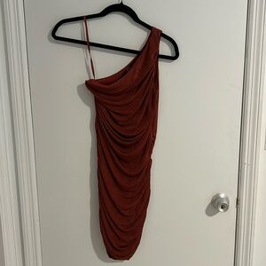 Burnt Orange Lucy in the Sky Ruching Tight One Shoulder Mini Dress (S)